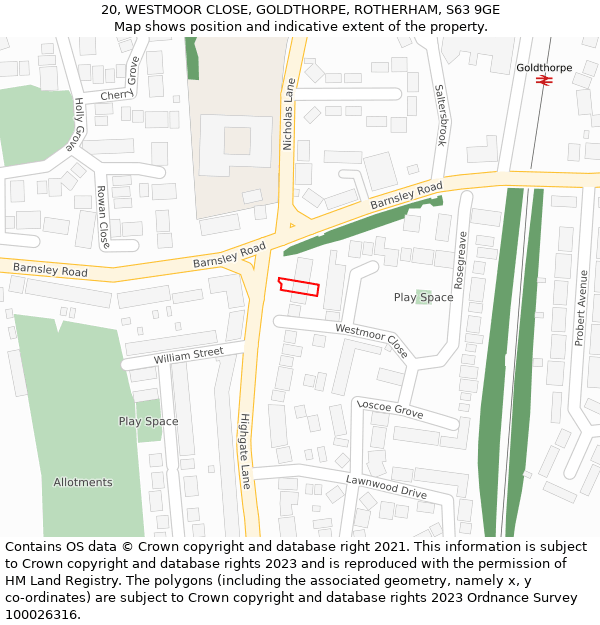 20, WESTMOOR CLOSE, GOLDTHORPE, ROTHERHAM, S63 9GE: Location map and indicative extent of plot