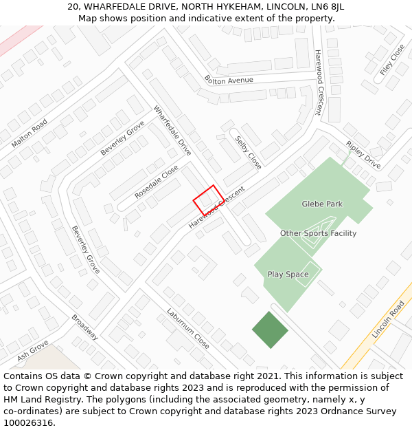 20, WHARFEDALE DRIVE, NORTH HYKEHAM, LINCOLN, LN6 8JL: Location map and indicative extent of plot