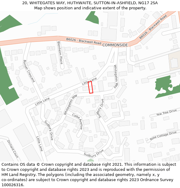 20, WHITEGATES WAY, HUTHWAITE, SUTTON-IN-ASHFIELD, NG17 2SA: Location map and indicative extent of plot