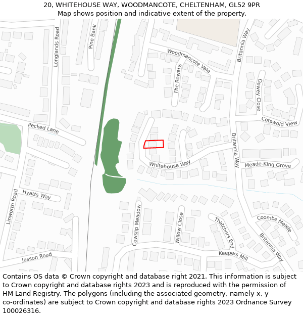 20, WHITEHOUSE WAY, WOODMANCOTE, CHELTENHAM, GL52 9PR: Location map and indicative extent of plot