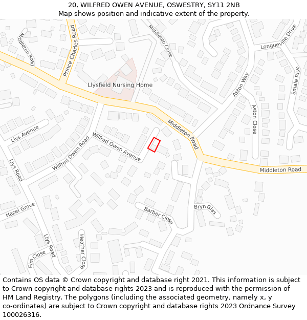 20, WILFRED OWEN AVENUE, OSWESTRY, SY11 2NB: Location map and indicative extent of plot