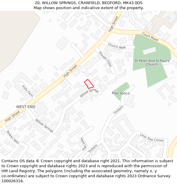 20, WILLOW SPRINGS, CRANFIELD, BEDFORD, MK43 0DS: Location map and indicative extent of plot