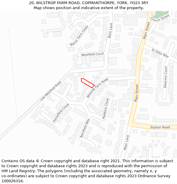 20, WILSTROP FARM ROAD, COPMANTHORPE, YORK, YO23 3RY: Location map and indicative extent of plot