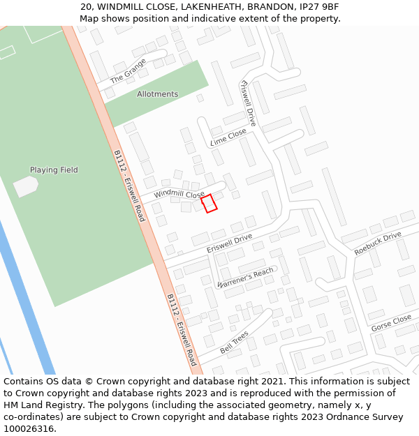 20, WINDMILL CLOSE, LAKENHEATH, BRANDON, IP27 9BF: Location map and indicative extent of plot