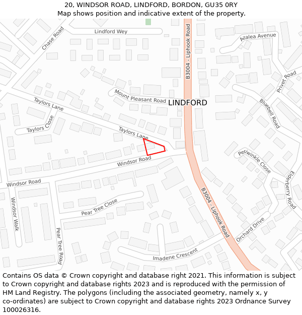 20, WINDSOR ROAD, LINDFORD, BORDON, GU35 0RY: Location map and indicative extent of plot