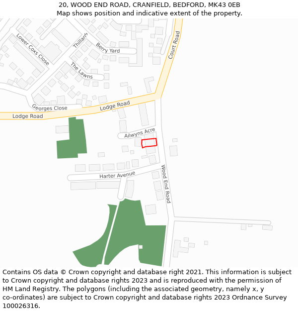 20, WOOD END ROAD, CRANFIELD, BEDFORD, MK43 0EB: Location map and indicative extent of plot