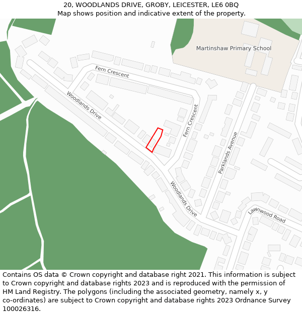 20, WOODLANDS DRIVE, GROBY, LEICESTER, LE6 0BQ: Location map and indicative extent of plot