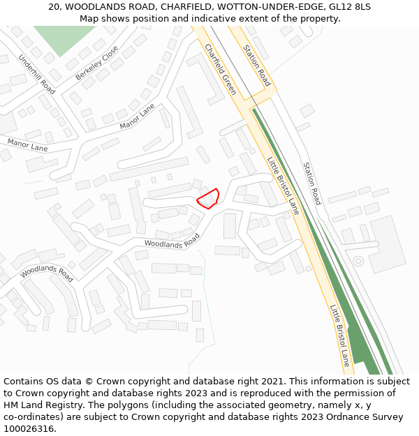 20, WOODLANDS ROAD, CHARFIELD, WOTTON-UNDER-EDGE, GL12 8LS: Location map and indicative extent of plot