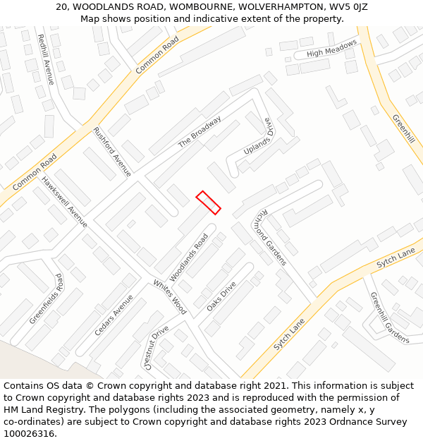 20, WOODLANDS ROAD, WOMBOURNE, WOLVERHAMPTON, WV5 0JZ: Location map and indicative extent of plot