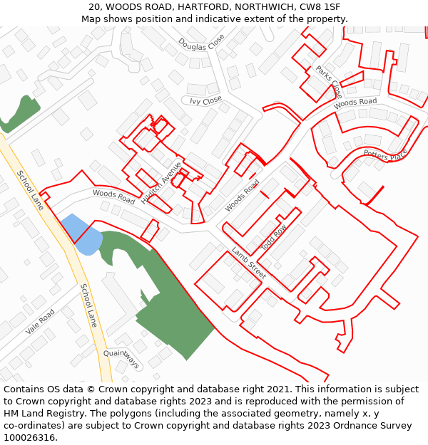 20, WOODS ROAD, HARTFORD, NORTHWICH, CW8 1SF: Location map and indicative extent of plot