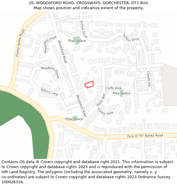 20, WOODSFORD ROAD, CROSSWAYS, DORCHESTER, DT2 8UU: Location map and indicative extent of plot