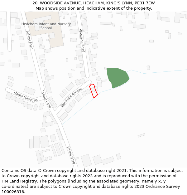 20, WOODSIDE AVENUE, HEACHAM, KING'S LYNN, PE31 7EW: Location map and indicative extent of plot