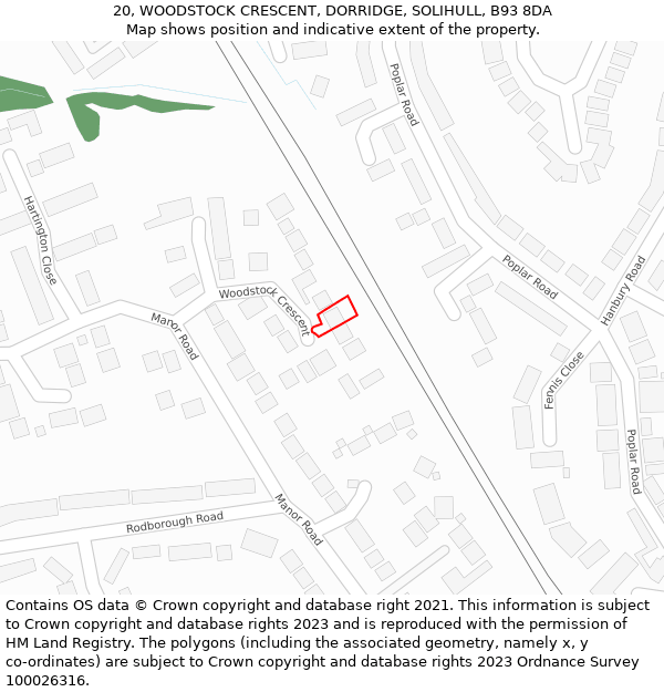 20, WOODSTOCK CRESCENT, DORRIDGE, SOLIHULL, B93 8DA: Location map and indicative extent of plot