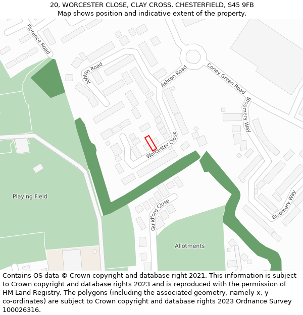 20, WORCESTER CLOSE, CLAY CROSS, CHESTERFIELD, S45 9FB: Location map and indicative extent of plot