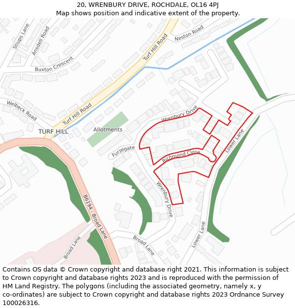 20, WRENBURY DRIVE, ROCHDALE, OL16 4PJ: Location map and indicative extent of plot