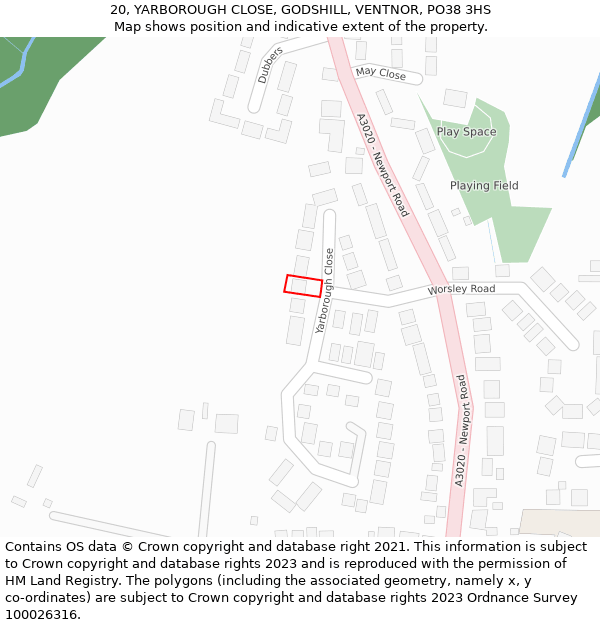 20, YARBOROUGH CLOSE, GODSHILL, VENTNOR, PO38 3HS: Location map and indicative extent of plot