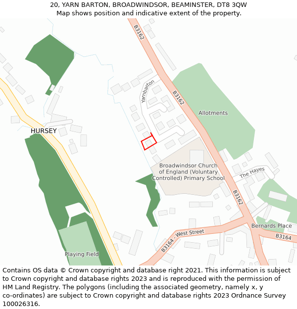 20, YARN BARTON, BROADWINDSOR, BEAMINSTER, DT8 3QW: Location map and indicative extent of plot