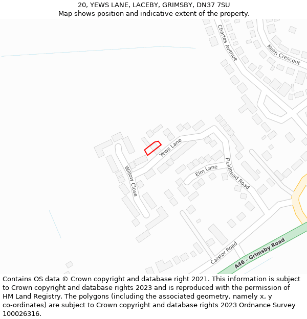 20, YEWS LANE, LACEBY, GRIMSBY, DN37 7SU: Location map and indicative extent of plot