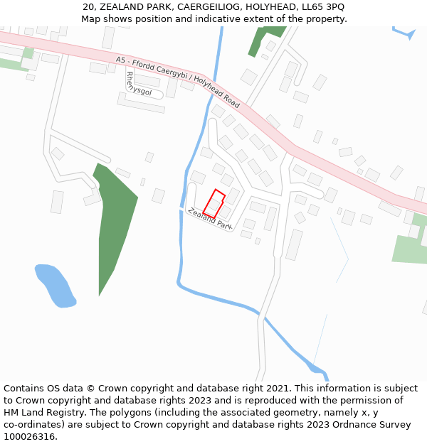 20, ZEALAND PARK, CAERGEILIOG, HOLYHEAD, LL65 3PQ: Location map and indicative extent of plot