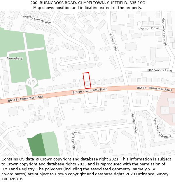 200, BURNCROSS ROAD, CHAPELTOWN, SHEFFIELD, S35 1SG: Location map and indicative extent of plot