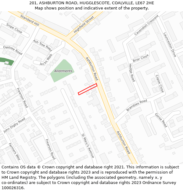 201, ASHBURTON ROAD, HUGGLESCOTE, COALVILLE, LE67 2HE: Location map and indicative extent of plot