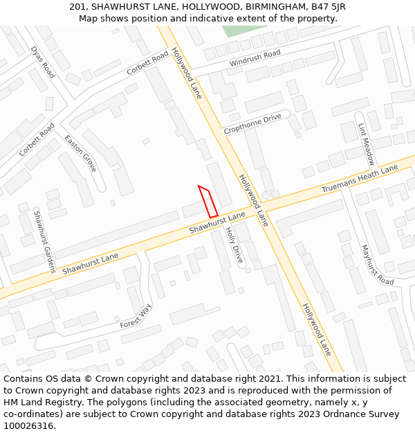 201, SHAWHURST LANE, HOLLYWOOD, BIRMINGHAM, B47 5JR: Location map and indicative extent of plot