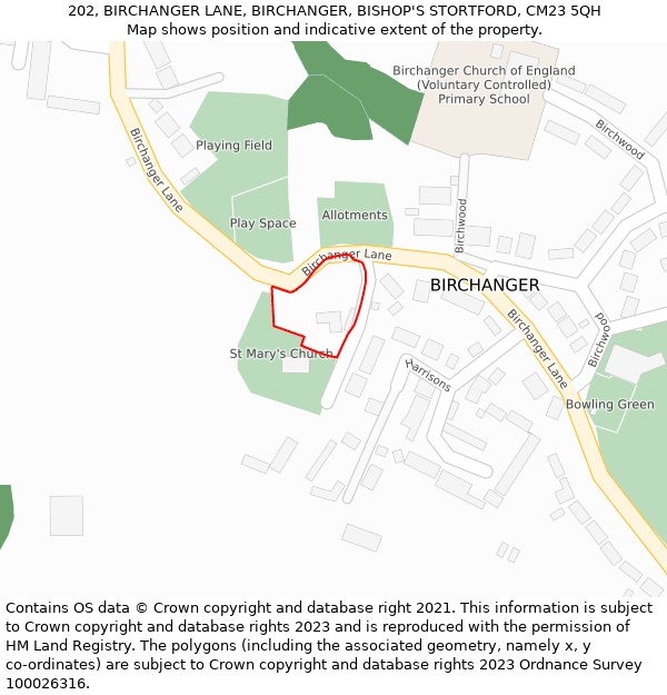 202, BIRCHANGER LANE, BIRCHANGER, BISHOP'S STORTFORD, CM23 5QH: Location map and indicative extent of plot