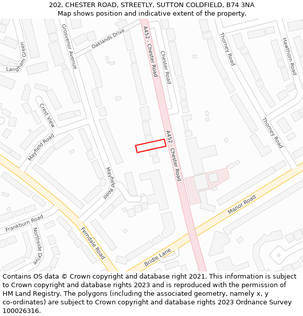 202, CHESTER ROAD, STREETLY, SUTTON COLDFIELD, B74 3NA: Location map and indicative extent of plot