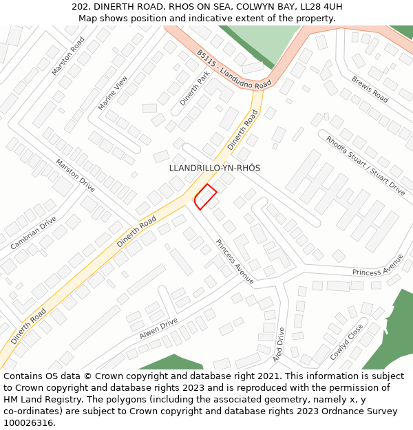 202, DINERTH ROAD, RHOS ON SEA, COLWYN BAY, LL28 4UH: Location map and indicative extent of plot