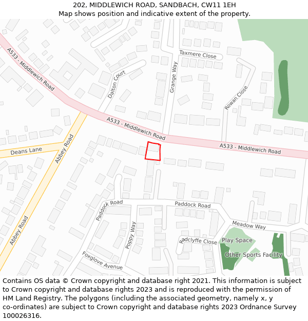 202, MIDDLEWICH ROAD, SANDBACH, CW11 1EH: Location map and indicative extent of plot