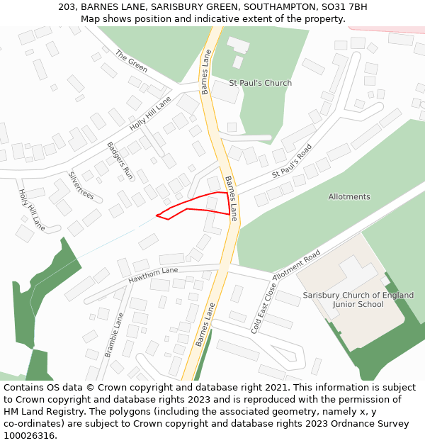 203, BARNES LANE, SARISBURY GREEN, SOUTHAMPTON, SO31 7BH: Location map and indicative extent of plot