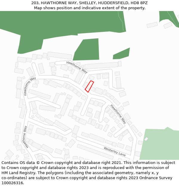 203, HAWTHORNE WAY, SHELLEY, HUDDERSFIELD, HD8 8PZ: Location map and indicative extent of plot