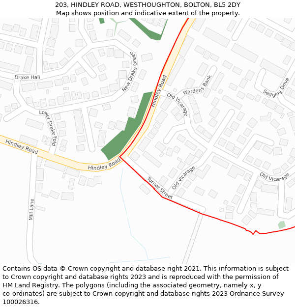 203, HINDLEY ROAD, WESTHOUGHTON, BOLTON, BL5 2DY: Location map and indicative extent of plot