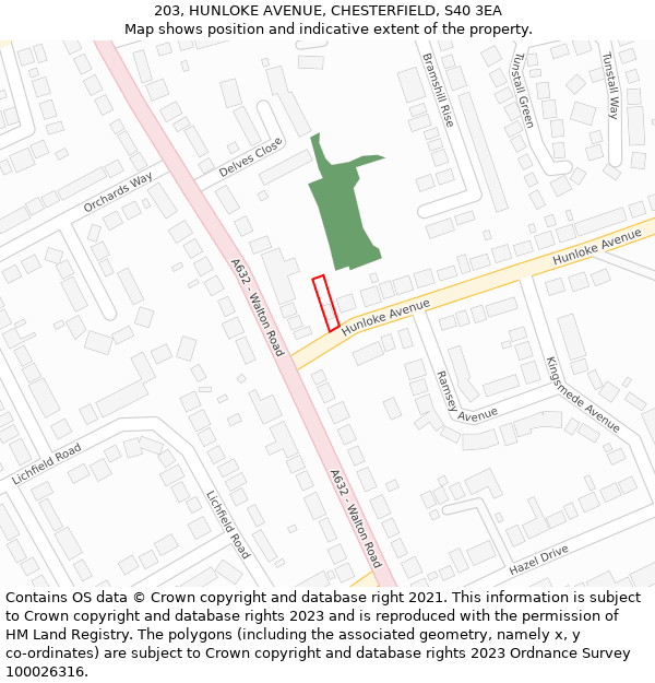 203, HUNLOKE AVENUE, CHESTERFIELD, S40 3EA: Location map and indicative extent of plot