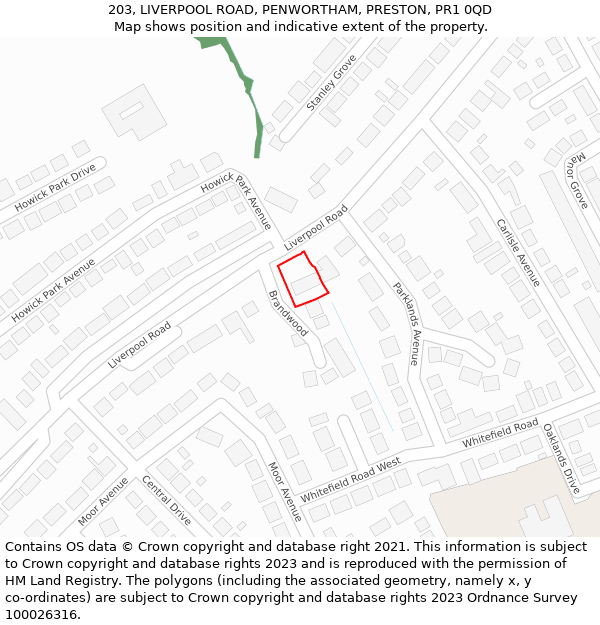 203, LIVERPOOL ROAD, PENWORTHAM, PRESTON, PR1 0QD: Location map and indicative extent of plot