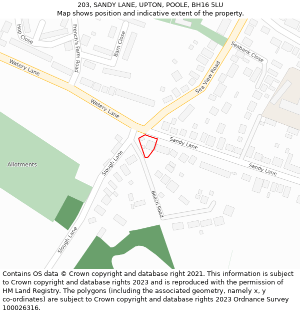 203, SANDY LANE, UPTON, POOLE, BH16 5LU: Location map and indicative extent of plot