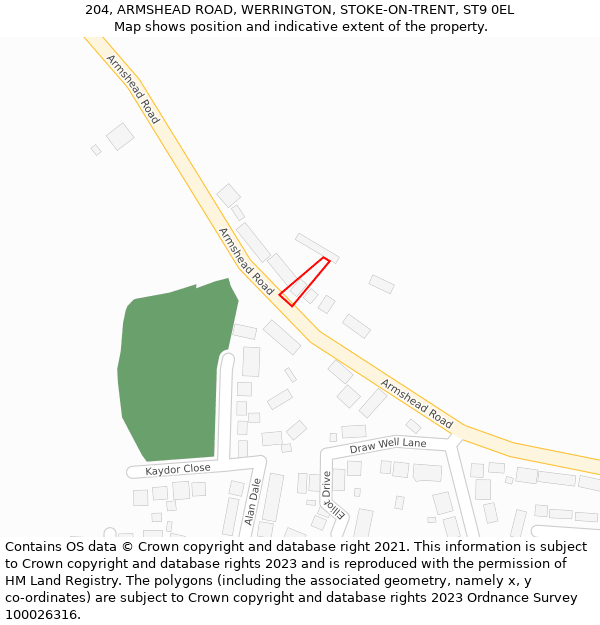 204, ARMSHEAD ROAD, WERRINGTON, STOKE-ON-TRENT, ST9 0EL: Location map and indicative extent of plot