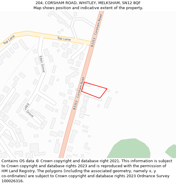 204, CORSHAM ROAD, WHITLEY, MELKSHAM, SN12 8QF: Location map and indicative extent of plot