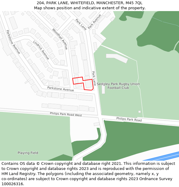 204, PARK LANE, WHITEFIELD, MANCHESTER, M45 7QL: Location map and indicative extent of plot