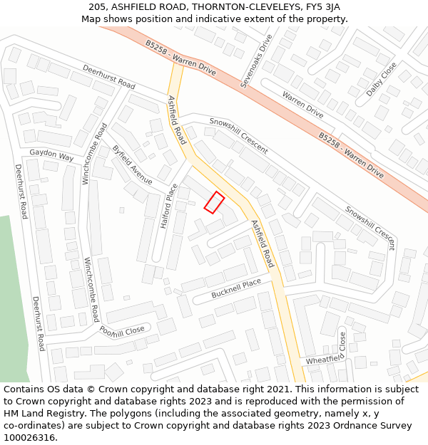 205, ASHFIELD ROAD, THORNTON-CLEVELEYS, FY5 3JA: Location map and indicative extent of plot