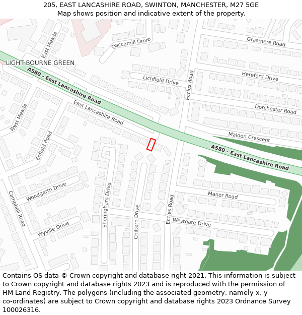 205, EAST LANCASHIRE ROAD, SWINTON, MANCHESTER, M27 5GE: Location map and indicative extent of plot