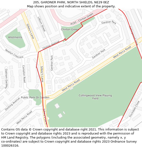 205, GARDNER PARK, NORTH SHIELDS, NE29 0EZ: Location map and indicative extent of plot