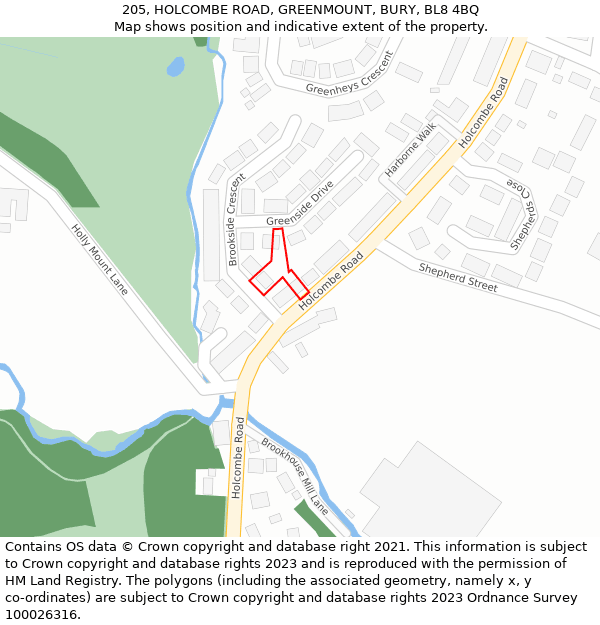 205, HOLCOMBE ROAD, GREENMOUNT, BURY, BL8 4BQ: Location map and indicative extent of plot