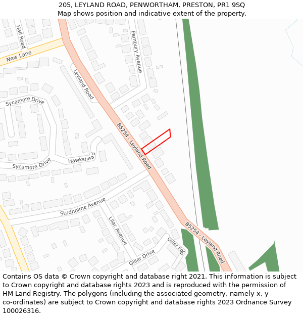 205, LEYLAND ROAD, PENWORTHAM, PRESTON, PR1 9SQ: Location map and indicative extent of plot