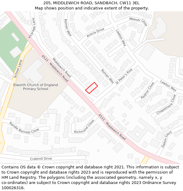 205, MIDDLEWICH ROAD, SANDBACH, CW11 3EL: Location map and indicative extent of plot