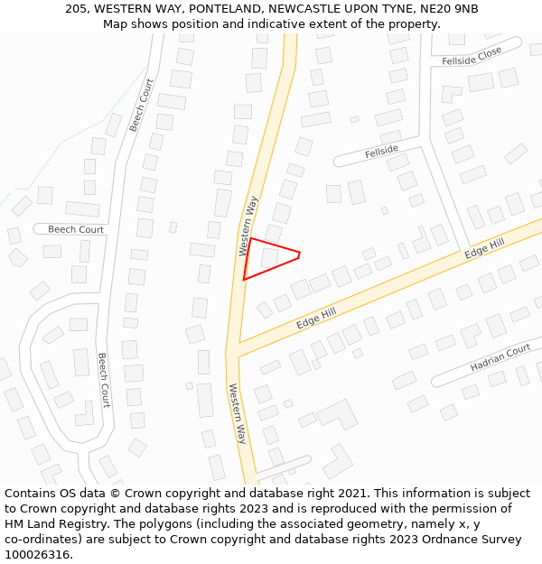 205, WESTERN WAY, PONTELAND, NEWCASTLE UPON TYNE, NE20 9NB: Location map and indicative extent of plot