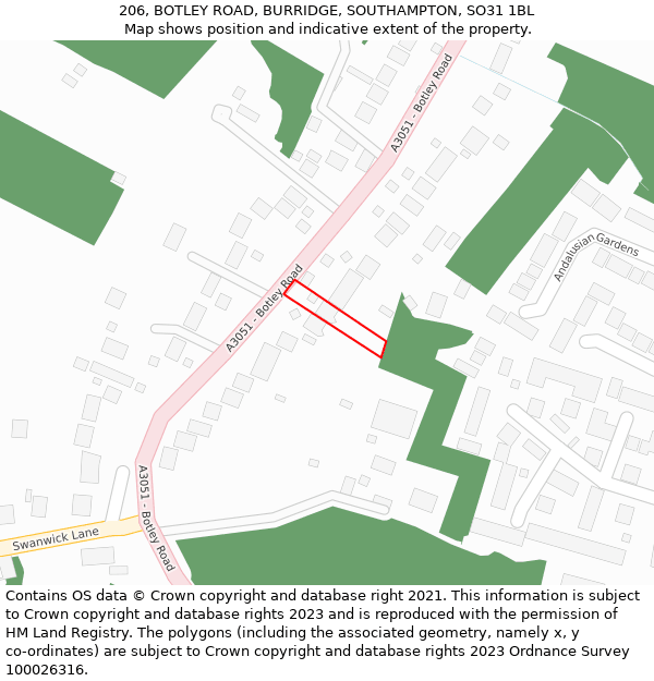 206, BOTLEY ROAD, BURRIDGE, SOUTHAMPTON, SO31 1BL: Location map and indicative extent of plot