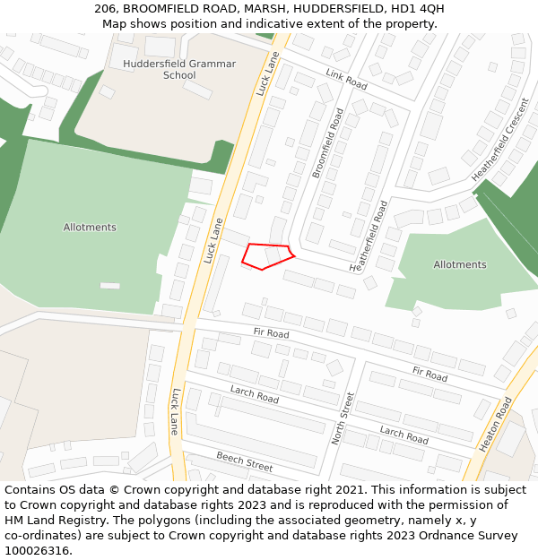 206, BROOMFIELD ROAD, MARSH, HUDDERSFIELD, HD1 4QH: Location map and indicative extent of plot