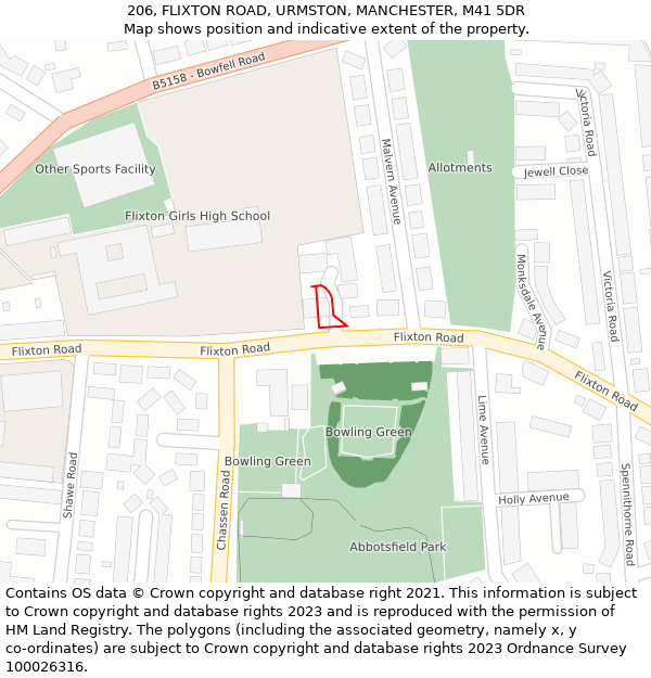 206, FLIXTON ROAD, URMSTON, MANCHESTER, M41 5DR: Location map and indicative extent of plot