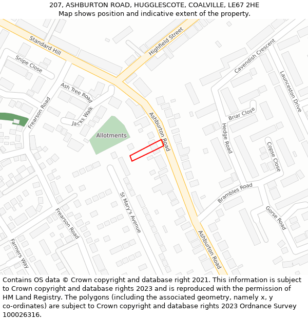 207, ASHBURTON ROAD, HUGGLESCOTE, COALVILLE, LE67 2HE: Location map and indicative extent of plot